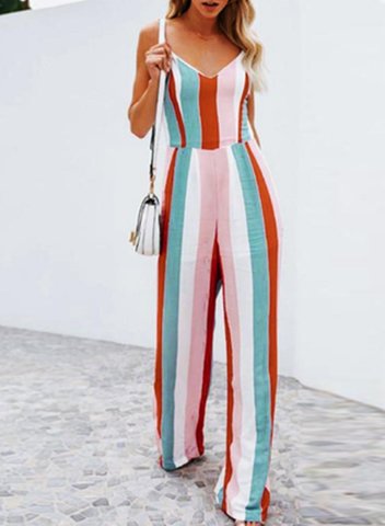 Women's Jumpsuits Straight Striped High Waist Daily Full Length Casual Open-back Knot Jumpsuits