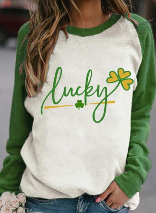 Women's Sweatshirts Saint Patrick's Day Shamrock Letter Print Long Sleeve Round Neck Casual Sweatshirt