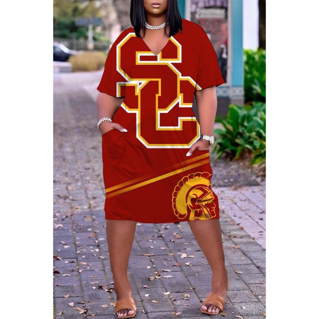 NCAAF Women's USC Trojans Printed V-neck Casual Pocket Dress