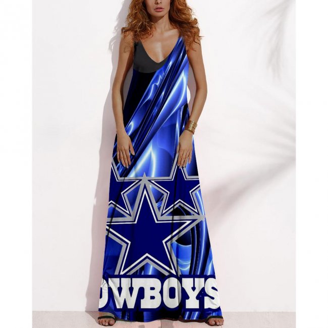 Women's Summer DALLAS COWBOYS Fan Print V-neck Sleeveless Loose Long A-line Dress