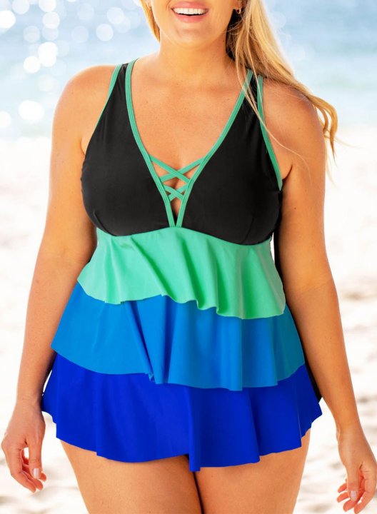 Women's Tankinis Color Block Criss Cross Layered Plus Size Tankinis