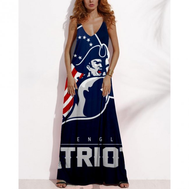 Women's Summer NEW ENGLAND PATRIOTS Fan Print V-neck Sleeveless Loose Long A-line Dress