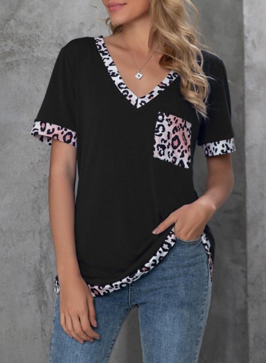 Women's T-shirts Color Block Leopard Short Sleeve V Neck Daily T-shirt