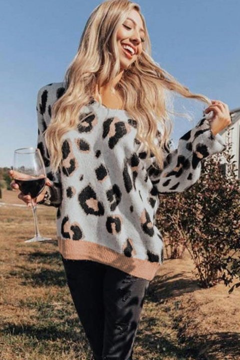 Women's Sweaters V-neck Leopard Print Puff Sleeve Sweaters