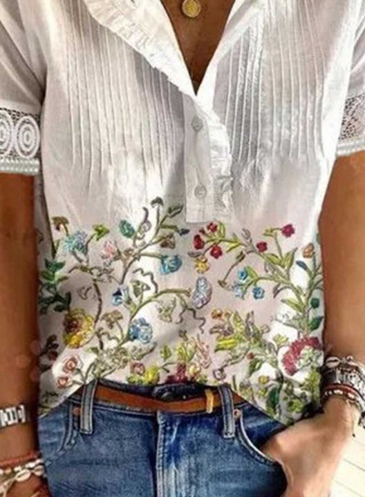 Women's Blouses Floral Short Sleeve V Neck Vacation Lace Blouse