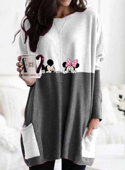 Women's Color Block Minnie&Mickey Mouse Print Tunic Tops Long Sleeve Round Neck Tunic Sweatshirt