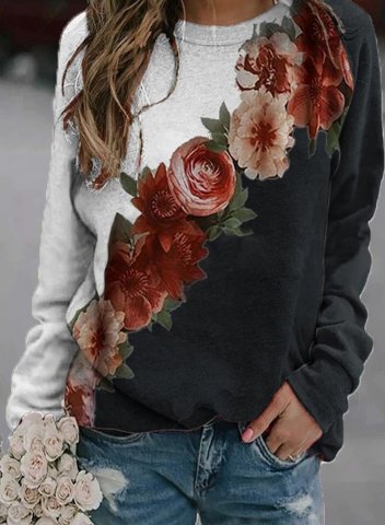 Women's Sweatshirts Floral Print Colorblock Long Sleeve Round Neck Sweatshirt