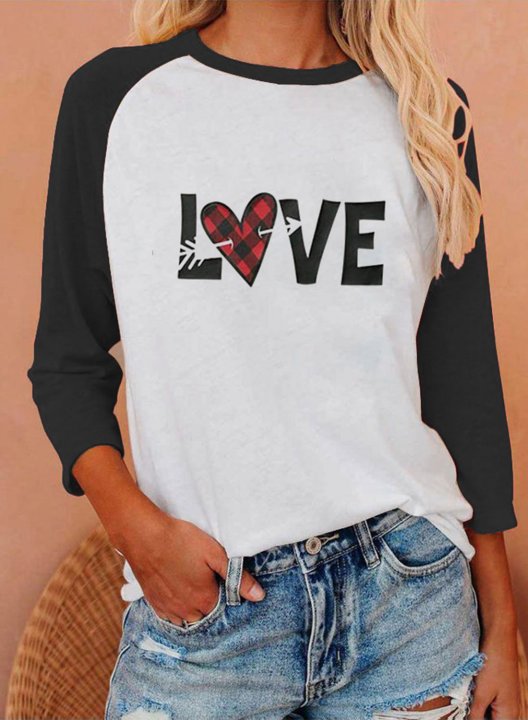 Women's T-Shirt Love Heart Print T-shirts Color-block Letter Plaid Print 3/4 Sleeve Round Neck T-shirt