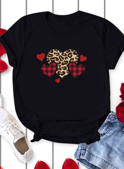 Women's Leopard Plaid Heart T-shirts Short Sleeve Round Neck Casual T-shirt