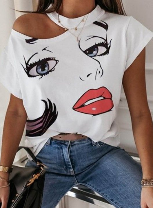 Women's T-shirts Cold Shoulder Abstract Portrait Round Neck Short Sleeve Casual T-shirts