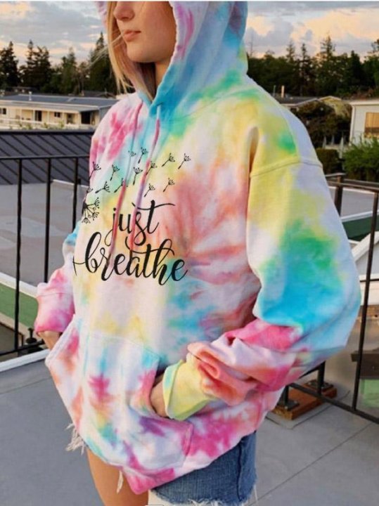 Just Breathe Dandelion Print Tie-Dye Hooded Sweatshirt