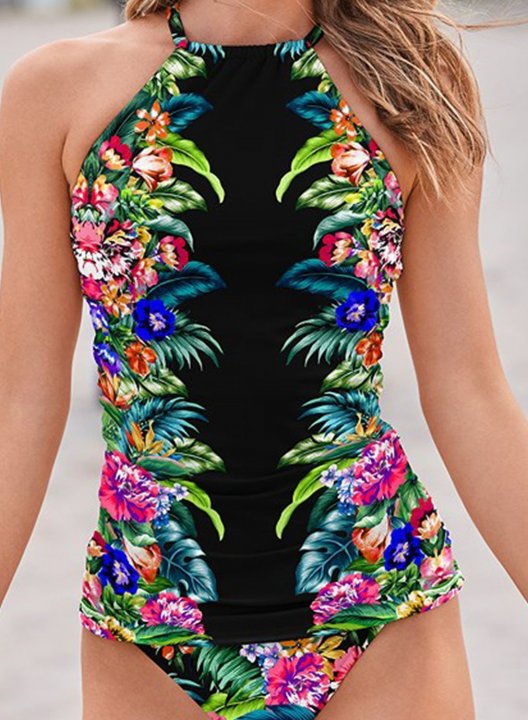 Women's Tankinis Mid Waist Floral Split Halter Beach Tankinis