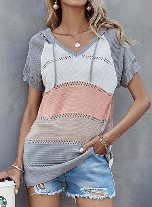 Women's T-shirts Casual Color Block Striped V Neck Short Sleeve Daily Hooded T-shirts