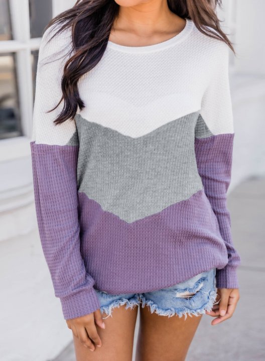 Color Block Round Neck Long Sleeve Casual Sweatshirt