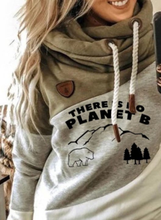 Women's Hoodies Color-block there is no planet b Bear Print Long Sleeve Casual Drawstring Hoodie