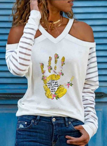 Women's T-shirts Letter Floral Print V Neck Long Sleeve Cold Shoulder Daily T-shirt