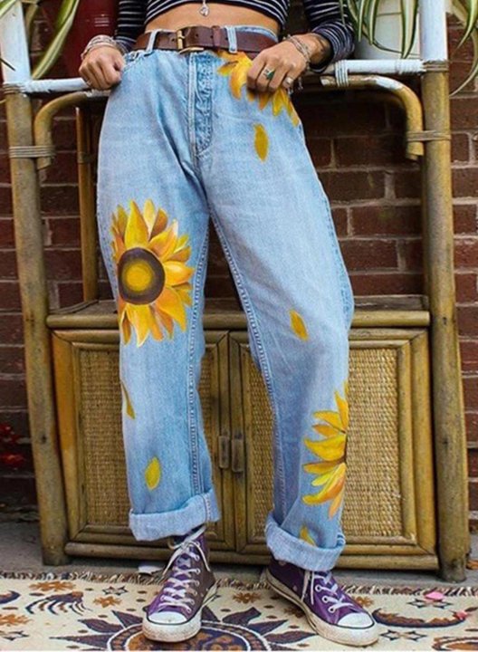 Women's High Waist Sunflower Loose Jeans