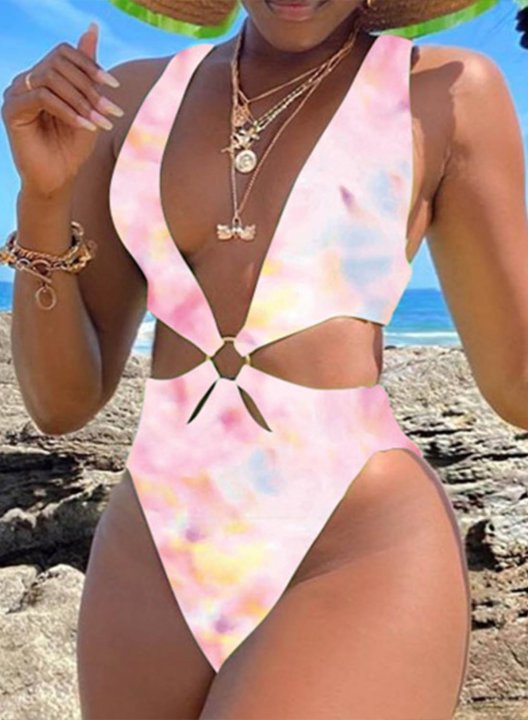 Women's One Piece Swimwear Color Block V Neck Casual One-Piece Swimsuits One-Piece Bathing Suits