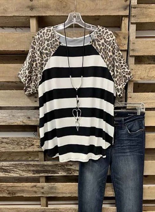 Women's T-shirts Leopard Striped Round Neck Short Sleeve Summer Casual Daily T-shirts