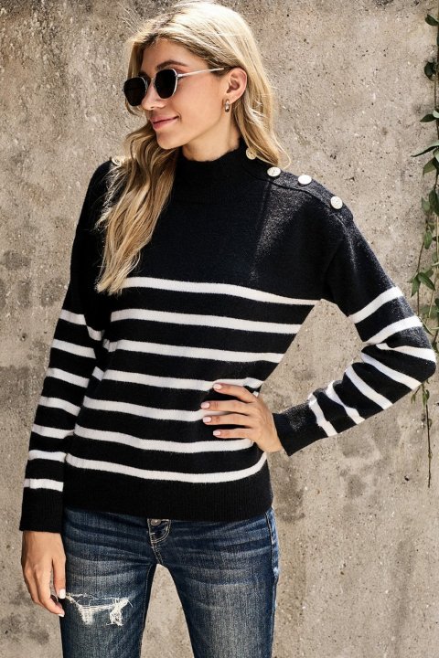 Women's Sweaters Striped Turtleneck Sweaters with Buttons