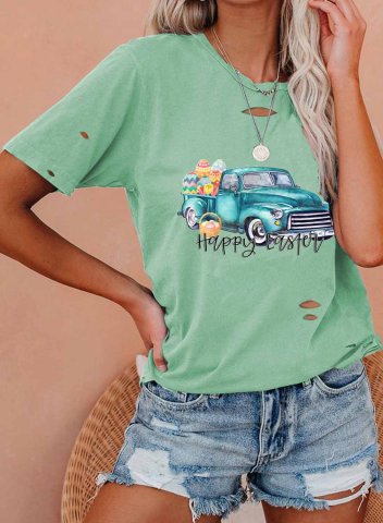 Women's T-shirts Happy Easter Letter Print Solid Festival Cut-out Round Neck Short Sleeve Daily Casual T-shirts