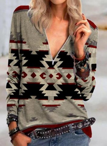 Women's Pullovers Geometric Color Block Tribal Long Sleeve V Neck Zip Daily Pullover