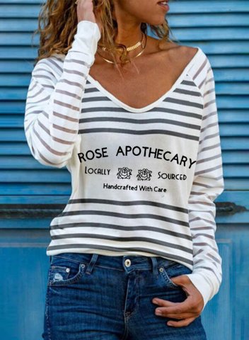 Women's Rose Apothecary Sweatshirt Striped Letter Long Sleeve V Neck Casual Pullover