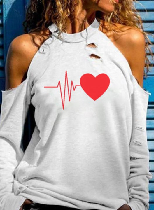 Women's Sweatshirt Solid Heart-shaped Cut-out Off-shoulder High Neck Long Sleeve T-shirts