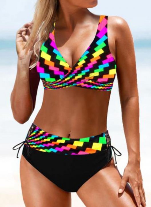 Women's Bikinis Color Block Geometric Criss Cross Unadjustable Padded Wire-free Bikini