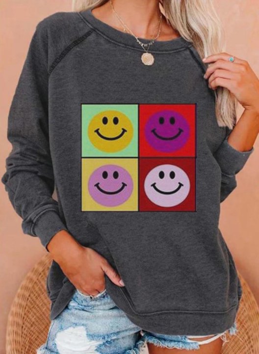 Women's Sweatshirts Funny Smiley Face Print Long Sleeve Round Neck Casual Sweatshirt