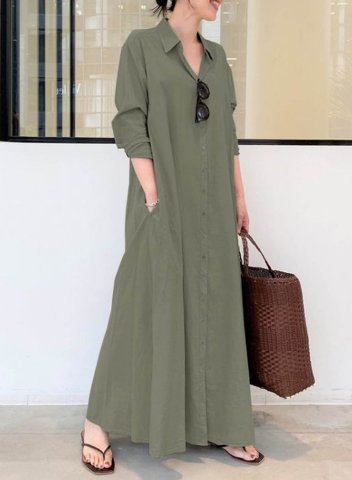 Women's Maxi Dresses Solid Long Sleeve Turn Down Collar Casual Maxi Dress
