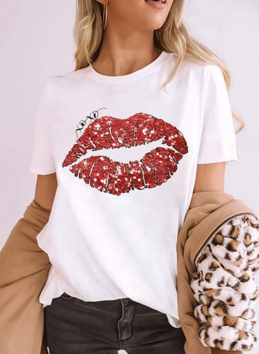 Women's Lips xoxo T-shirts Casual Solid Lip Sequin Round Neck Short Sleeve Basic T-shirts