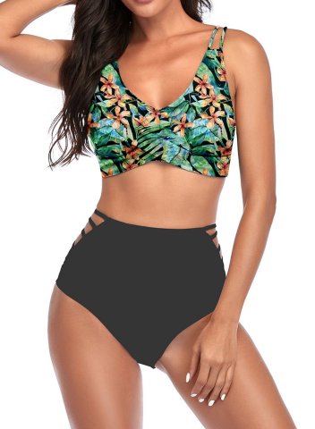 Women's Bikinis Floral High Waist Sleeveless Cut-out Spaghetti Padded Unadjustable Wire-free Beach Casual Bikini Suit