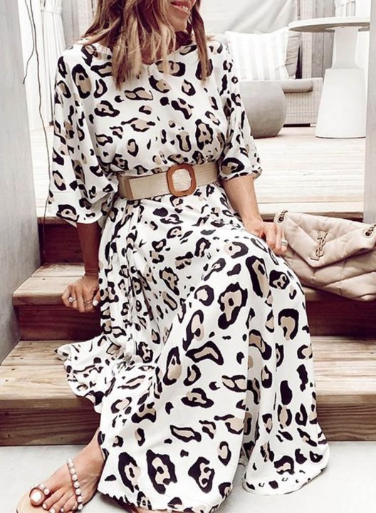 Women's Maxi Dress A-line Leopard Round Neck 3/4 Sleeve Boho Daily Maxi Dress