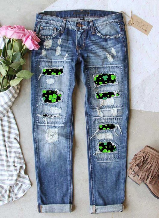 Women's St Patricks Day Jeans Shamrock Color Block Slim Mid Waist Ankle-length Daily Jeans