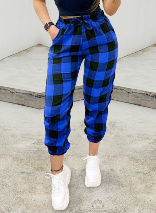 Women's Joggers Plaid Drawstring Color Block Ankle-length High Waist Straight Casual Joggers