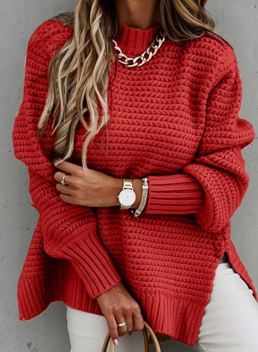 Women's Sweater Crew Neck Long Sleeve Solid Split Sweater