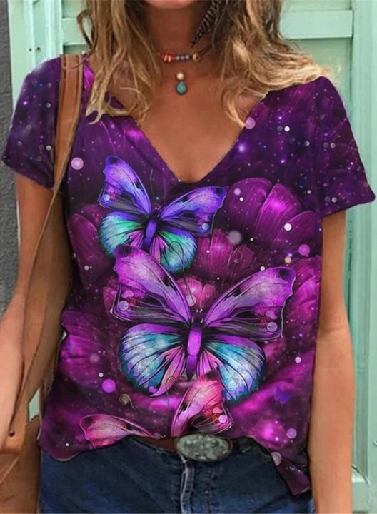 Women's T-shirts Butterfly Pattern Short Sleeve V Neck Daily Casual T-shirt