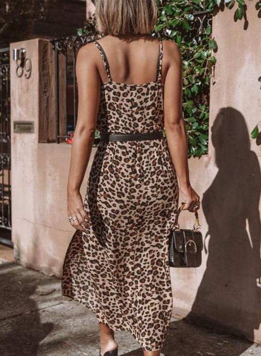 Women's Maxi Dresses Leopard Sleeveless Shift Spaghetti Party Beach Split Maxi Dress