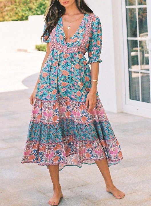 Women's Midi Dresses Button Fit & Flare Floral Short Sleeve V Neck Vacation Boho Midi Dress