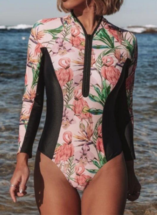 Women's Surf Suits Zip Tropical Floral Long Sleeve V Neck Unadjustable Vacation One-piece Surf Suit