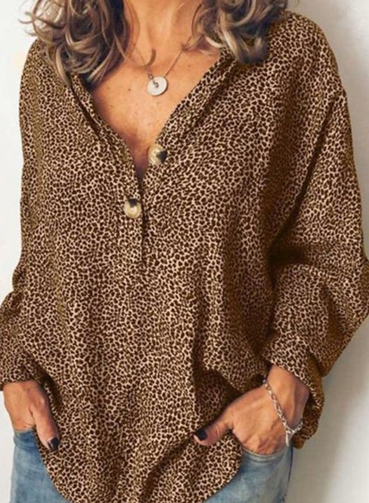 Women's Blouses Leopard Long Sleeve V Neck Button Tunic Daily Blouse