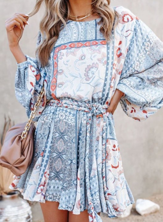 Women's Mini Dress Floral Tribal Fit & Flare Belt Round Neck Long Sleeve Daily Boho Mini Dress