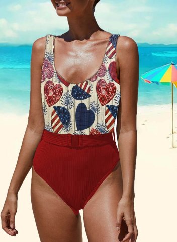 Women's One Piece Swimwear Geometric Color Block American Flag 4th Of July One-Piece Swimsuit
