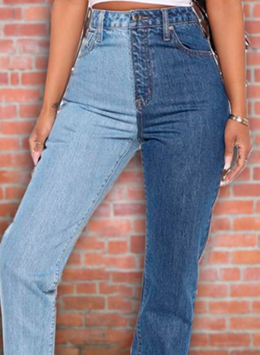 Women's Jeans Straight Color Block High Waist Cut-out Full Length Button Pocket Casual Jeans