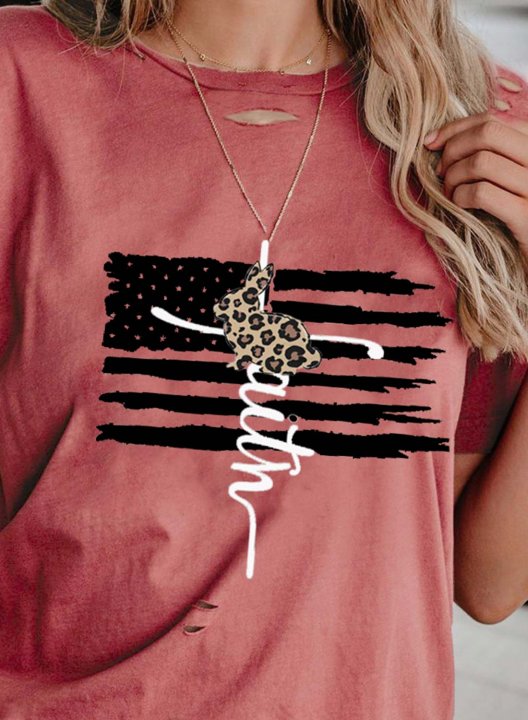 Women's T-shirts American Flag Letter Print Short Sleeve Round Neck Daily Cut-out T-shirt