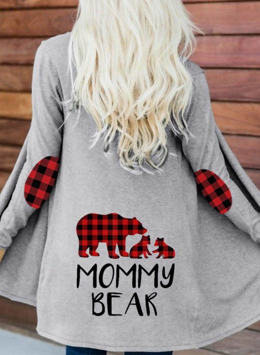 Woman Mommy Bear Print Cardigan Plaid Daily V Neck Cardigan