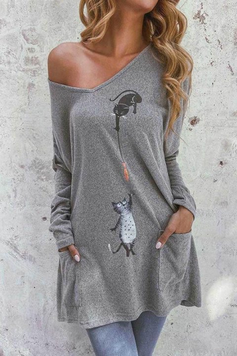 Casual Cartoon Cat Print Paneled Side Pockets Sweatshirt