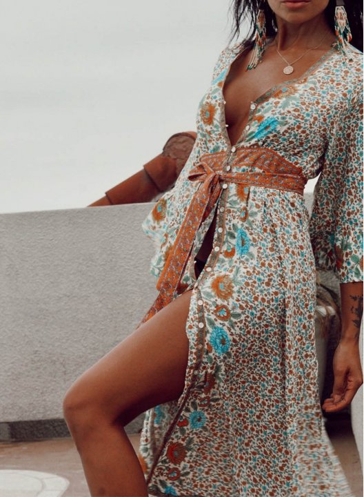 Women's Maxi Dress Floral A-line 3/4 Sleeve V Neck Knot Vintage Vacation Beach Maxi Dress