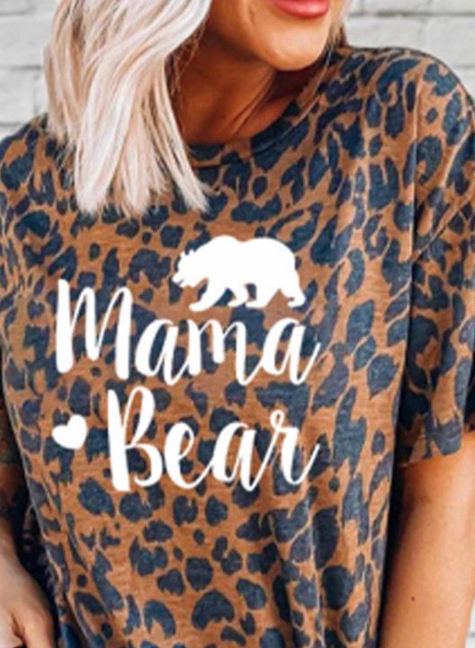 Women's Mama Bear T-shirts Leopard Round Neck Short Sleeve Summer Daily Casual T-shirts